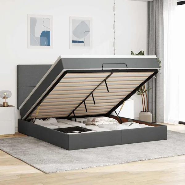 Cadre de lit ottoman avec matelas gris foncé 160x200cm tissu