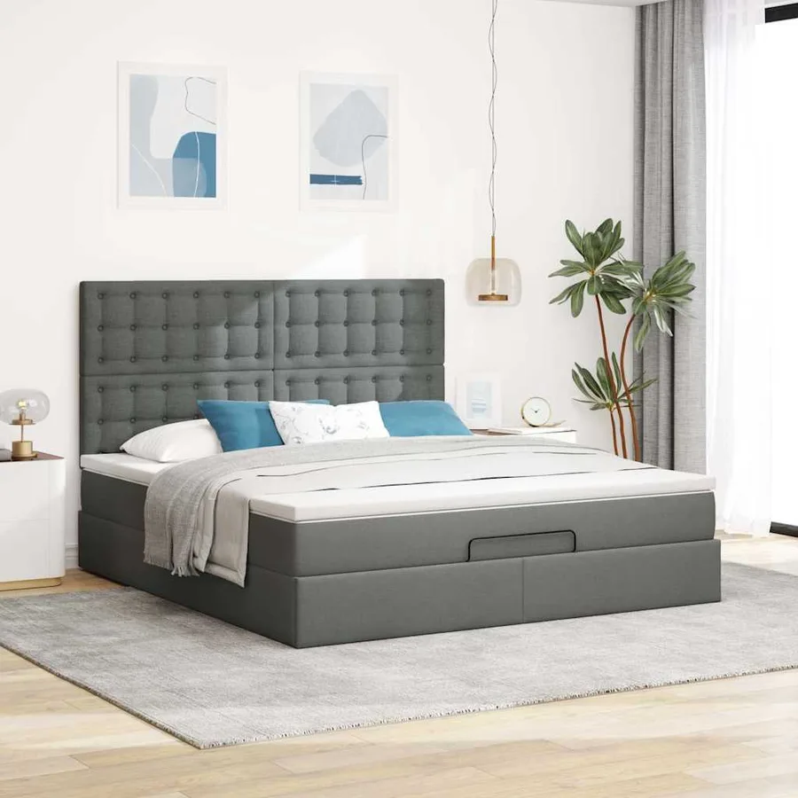 Cadre de lit ottoman avec matelas gris foncé 160x200cm tissu - 4
