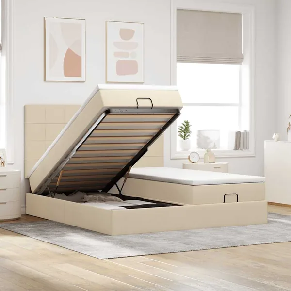 Cadre de lit ottoman avec matelas crème 180x200 cm tissu