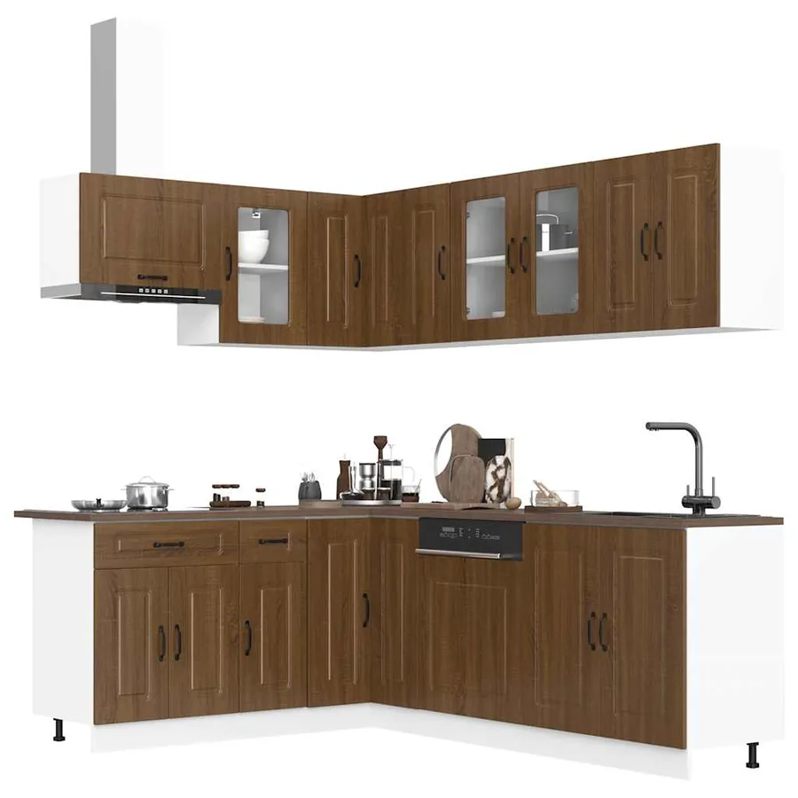 Ensemble de 11 meubles de cuisine en bois d'ingénierie "Kalmar" en chêne brun
