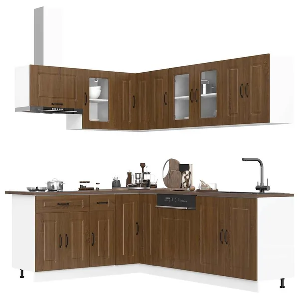 Ensemble de 11 meubles de cuisine en bois d'ingénierie "Kalmar" en chêne brun