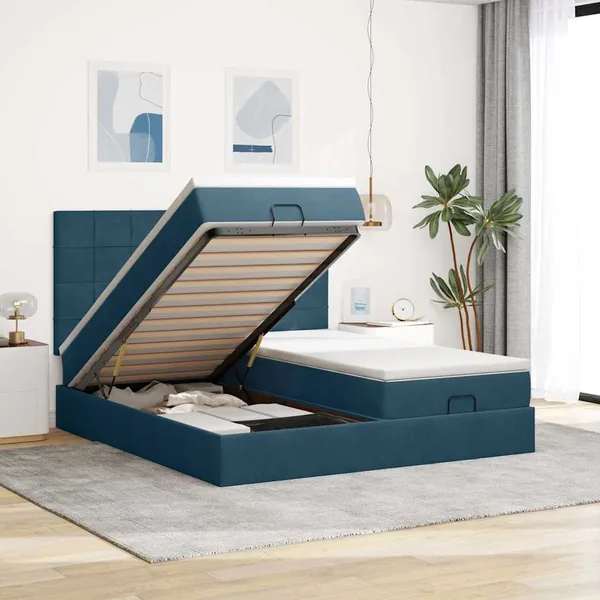 Cadre de lit ottoman avec matelas bleu foncé 180x200 cm velours