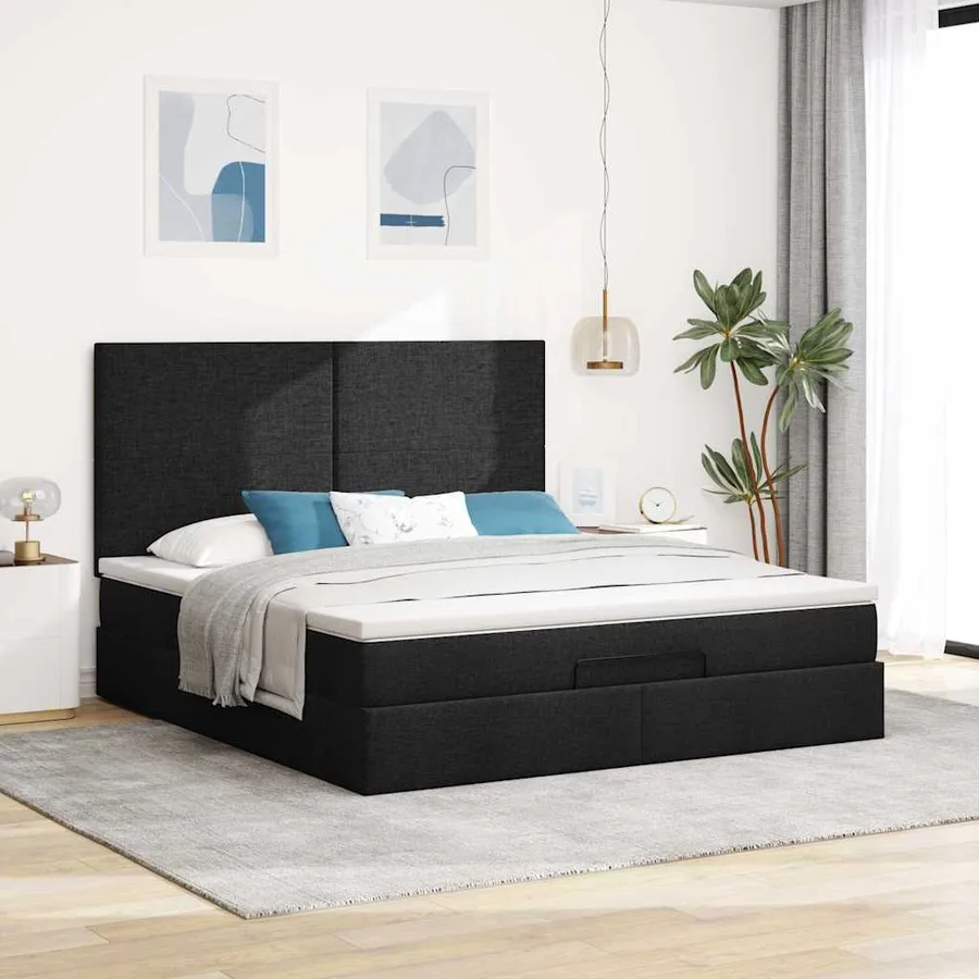 Cadre de lit ottoman avec matelas noir 160x200 cm tissu - 3