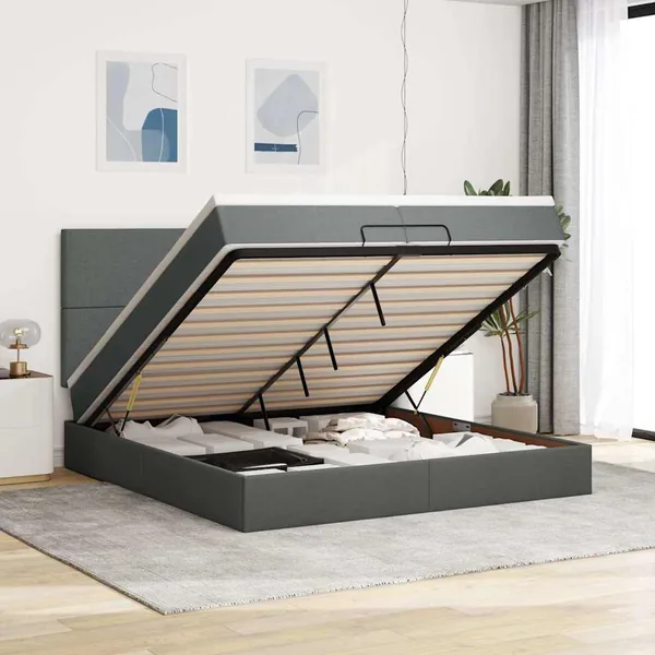 Cadre de lit ottoman avec matelas gris foncé 200x200cm tissu