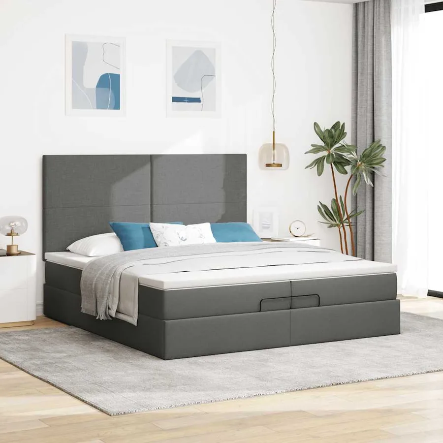 Cadre de lit ottoman avec matelas gris foncé 200x200cm tissu - 3