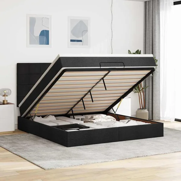 Cadre de lit ottoman avec matelas noir 180x200 cm tissu