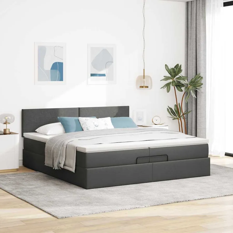 Cadre de lit ottoman avec matelas gris foncé 200x200 cm tissu - 3