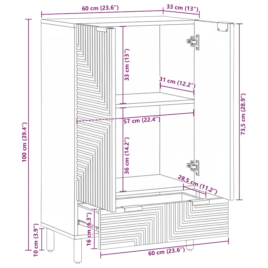Buffet marron 60x33x100 cm bois de manguier massif - 11