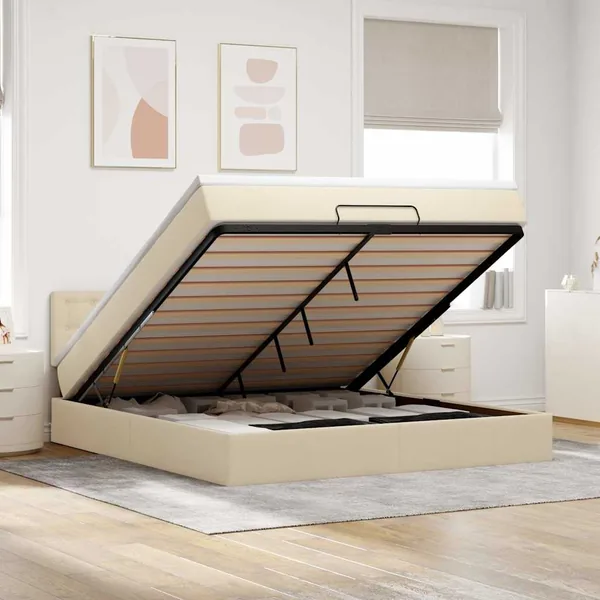 Lit ottoman avec matelas et LED crème 180x200cm tissu