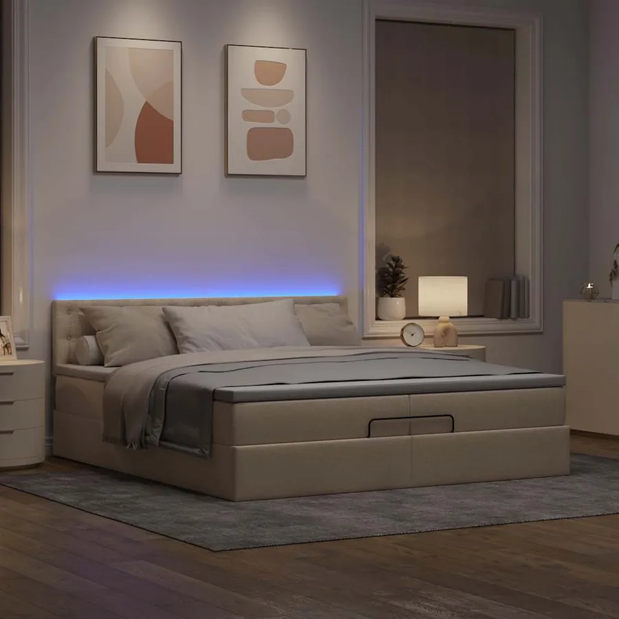 Cadre de lit ottoman avec matelas crème 200x200cm tissu - 3