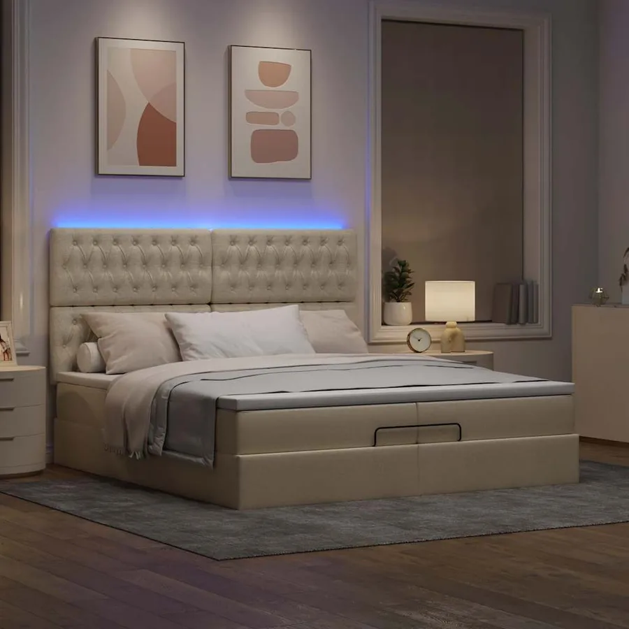 Cadre de lit ottoman avec matelas crème 200x200cm tissu - 3