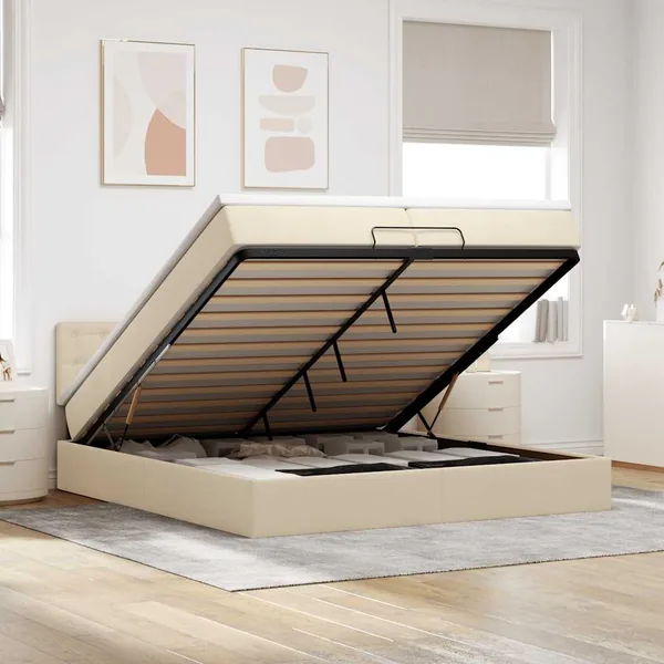 Cadre de lit ottoman avec matelas crème 200x200 cm tissu