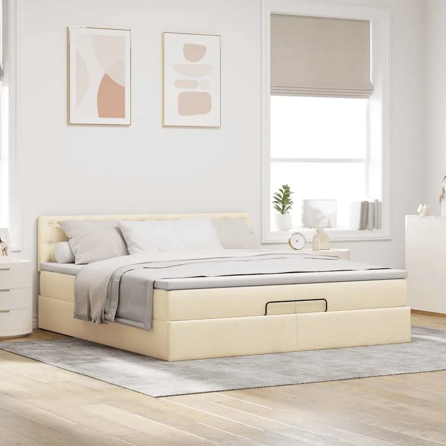 Cadre de lit ottoman avec matelas crème 200x200 cm tissu - 3