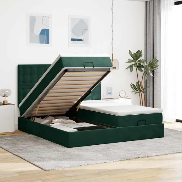 Cadre de lit ottoman avec matelas vert foncé 180x200cm velours