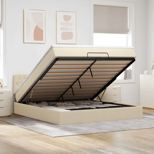 Cadre de lit ottoman avec matelas crème 160x200 cm tissu