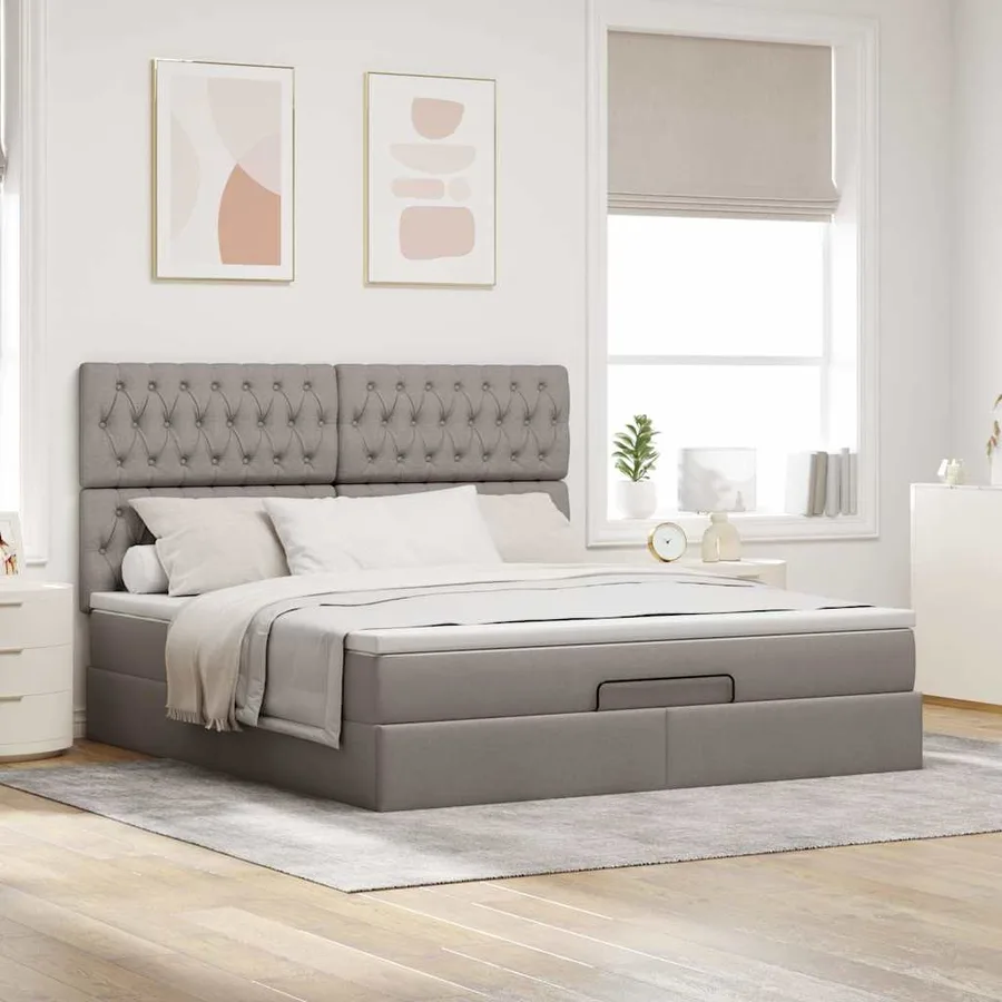 Cadre de lit ottoman avec matelas taupe 160x200 cm tissu - 4