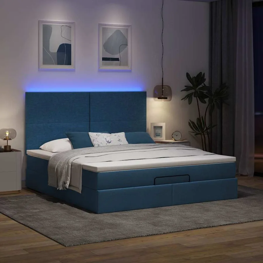Cadre de lit ottoman avec matelas bleu 160x200 cm tissu - 3