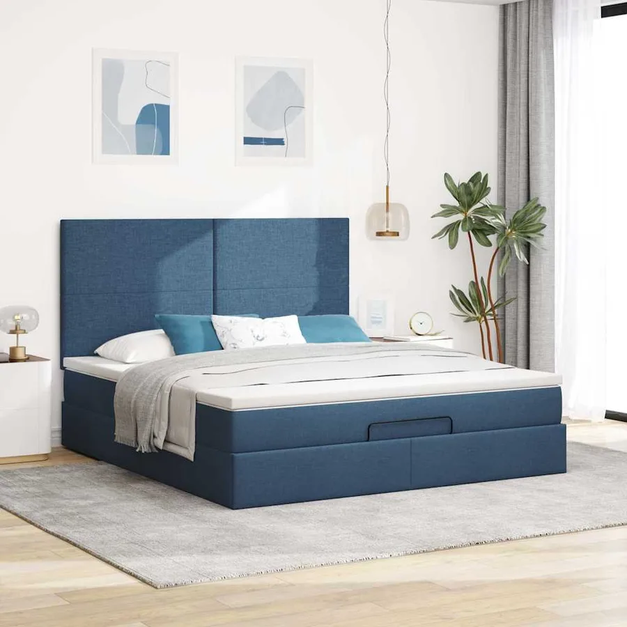 Cadre de lit ottoman avec matelas bleu 160x200 cm tissu - 4