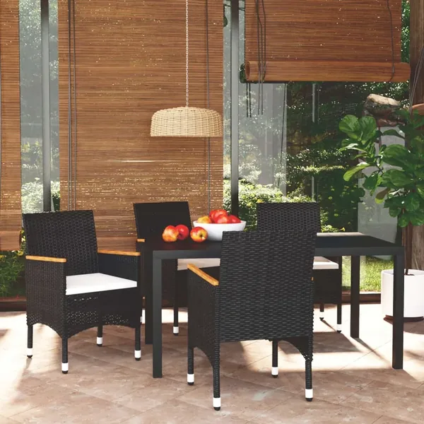 Ensemble à dîner de jardin avec coussins 5 pcs poly rotin noir
