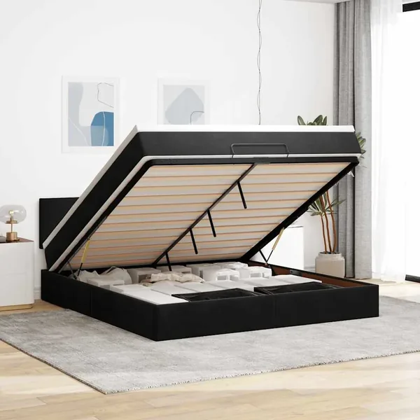 Cadre de lit ottoman avec matelas noir 180x200 cm velours