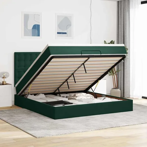 Cadre de lit ottoman avec matelas vert foncé 180x200cm velours