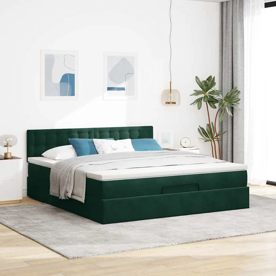Cadre de lit ottoman avec matelas vert foncé 180x200 cm velours - 4
