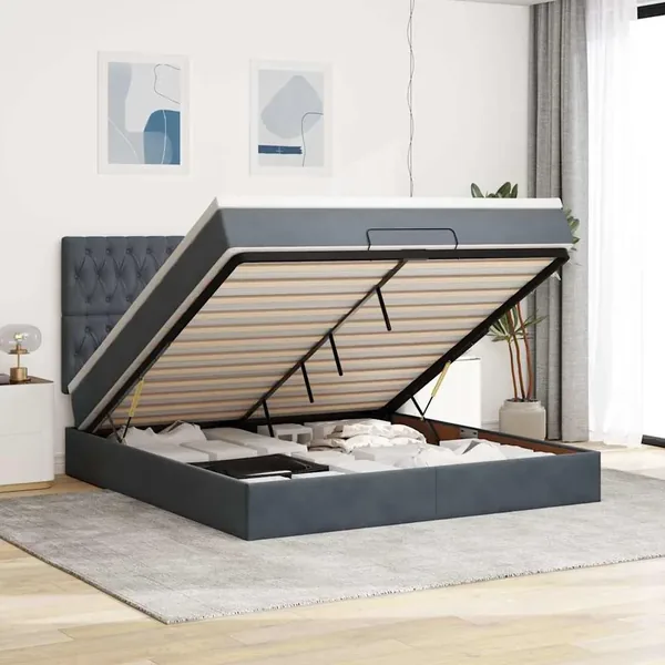 Cadre de lit ottoman avec matelas gris foncé 160x200cm velours