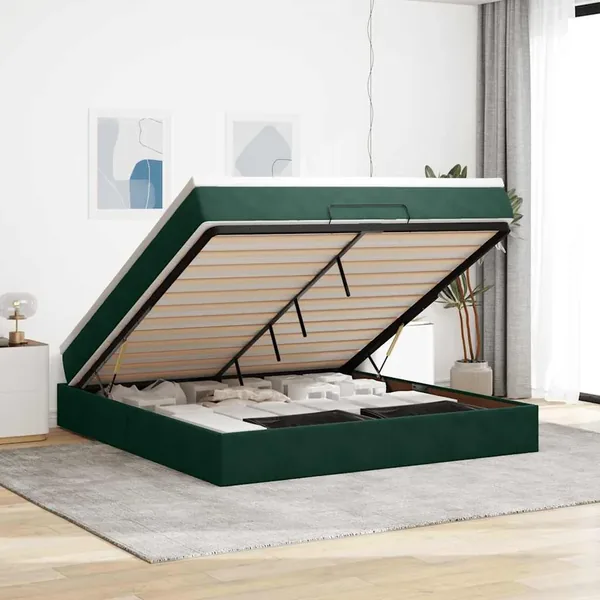 Cadre de lit ottoman avec matelas vert foncé 160x200 cm velours