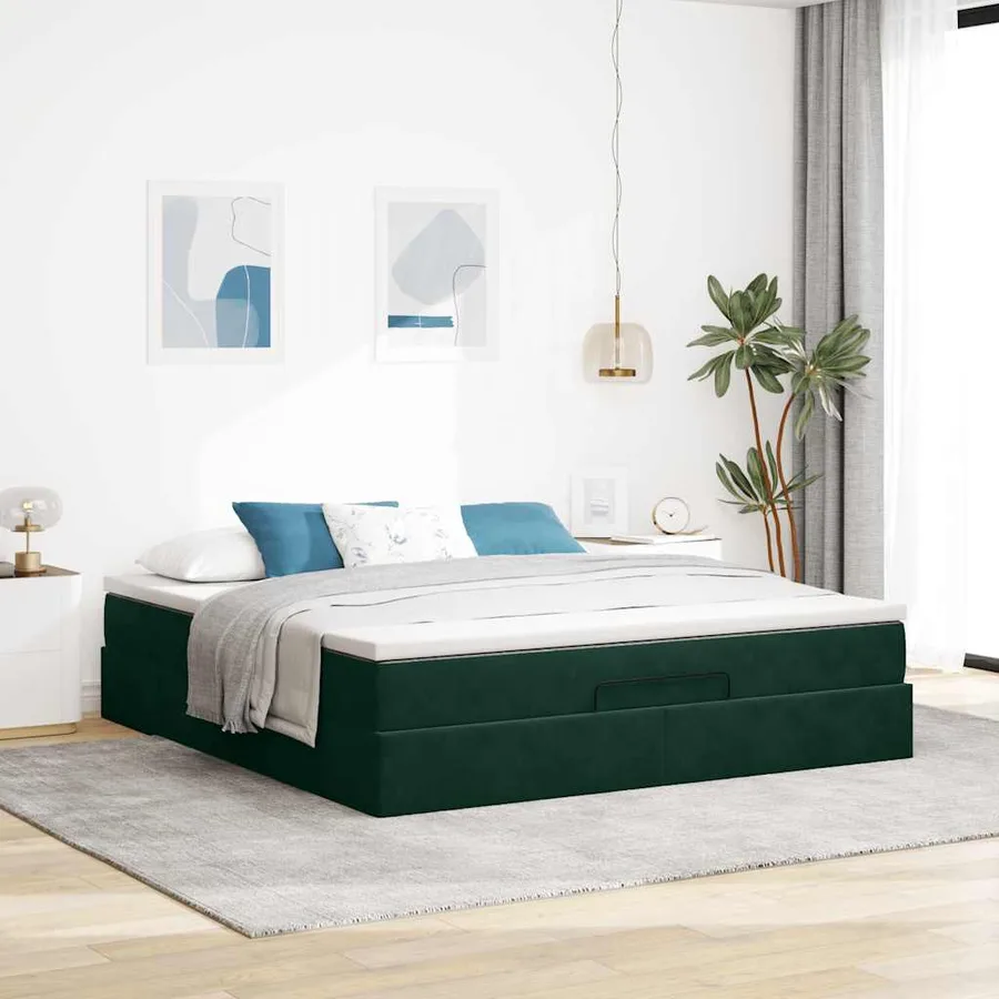 Cadre de lit ottoman avec matelas vert foncé 160x200 cm velours - 3