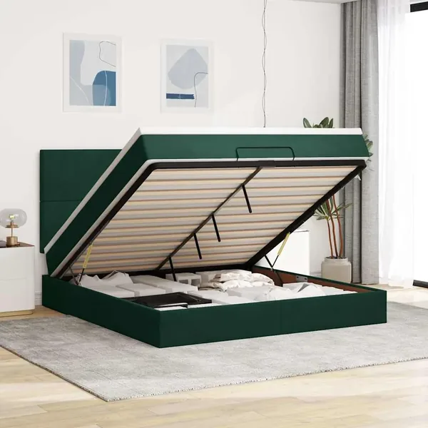Cadre de lit ottoman avec matelas vert foncé 160x200 cm velours