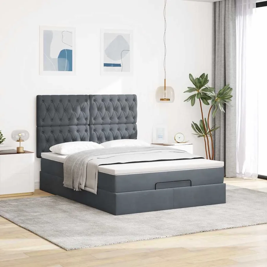 Cadre de lit ottoman avec matelas gris foncé 140x190 cm velours - 4