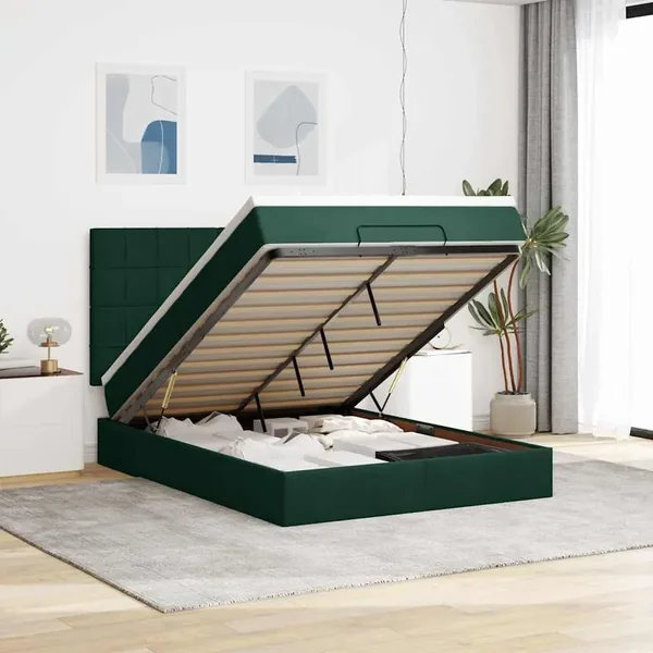 Cadre de lit ottoman avec matelas vert foncé 140x190 cm velours