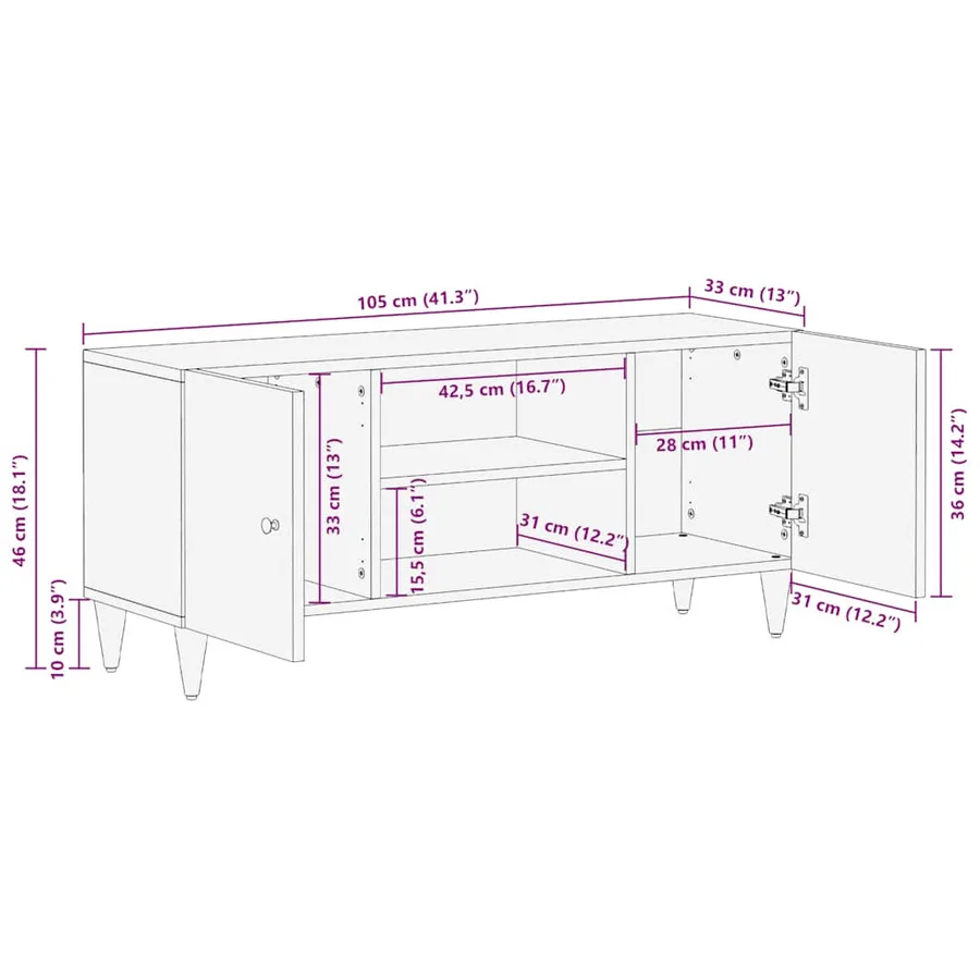 Meuble TV gris clair 105x33,5x46 cm bois massif de manguier - 11