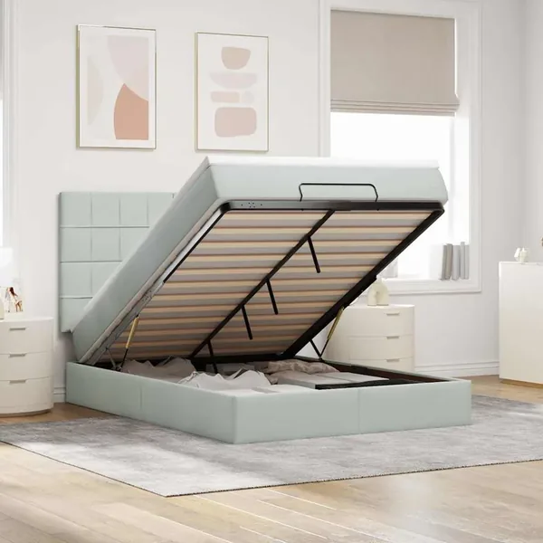 Cadre de lit ottoman avec matelas gris clair 140x200 cm velours