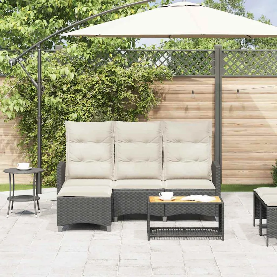 Canapé de jardin inclinable coussins forme de L noir polyrotin - 3