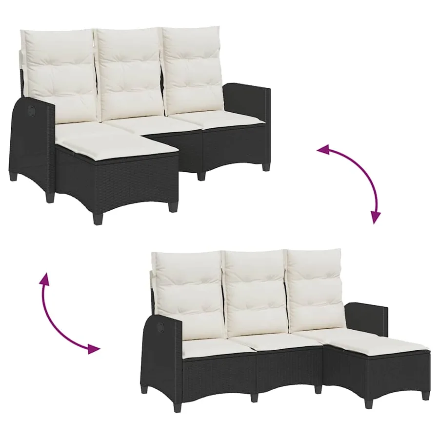Canapé de jardin inclinable coussins forme de L noir polyrotin - 9