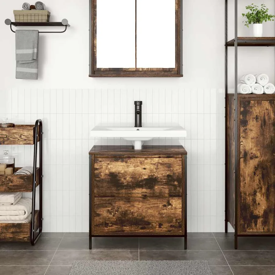 Meuble de salle de bain lavabo tiroirs chêne fumé 60x34,5x60 cm - 3