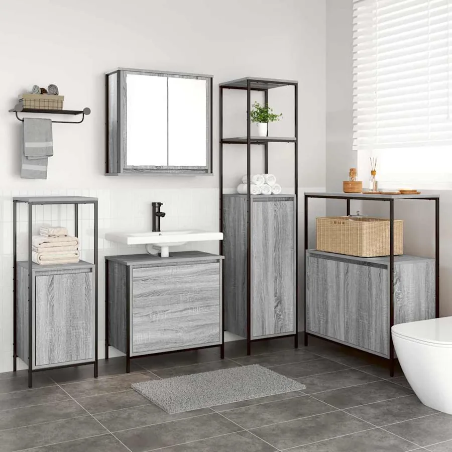 Ensemble de mobilier de salle de bain avec étagère 5 pcs Gris