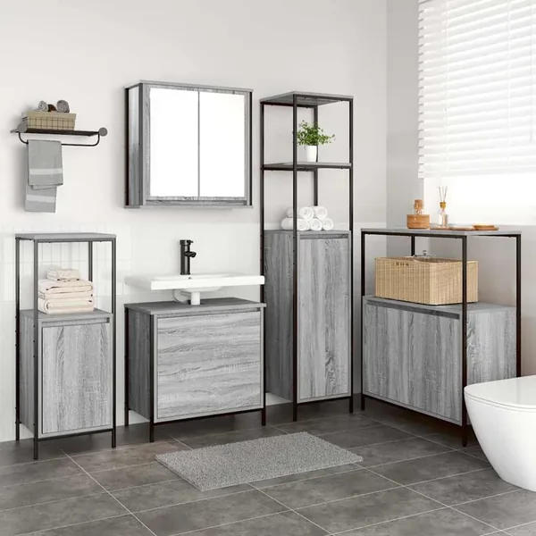 Ensemble de mobilier de salle de bain avec étagère 5 pcs Gris