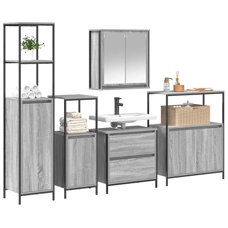 Ensemble de mobilier de salle de bain avec étagère 5 pcs Gris - 3