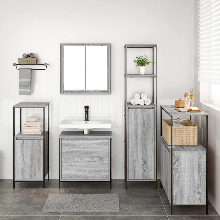 Ensemble de mobilier de salle de bain avec étagère 5 pcs Gris - 4
