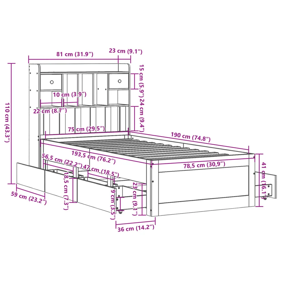 Lit bibliothèque sans matelas cire marron 75x190 cm pin massif - 15
