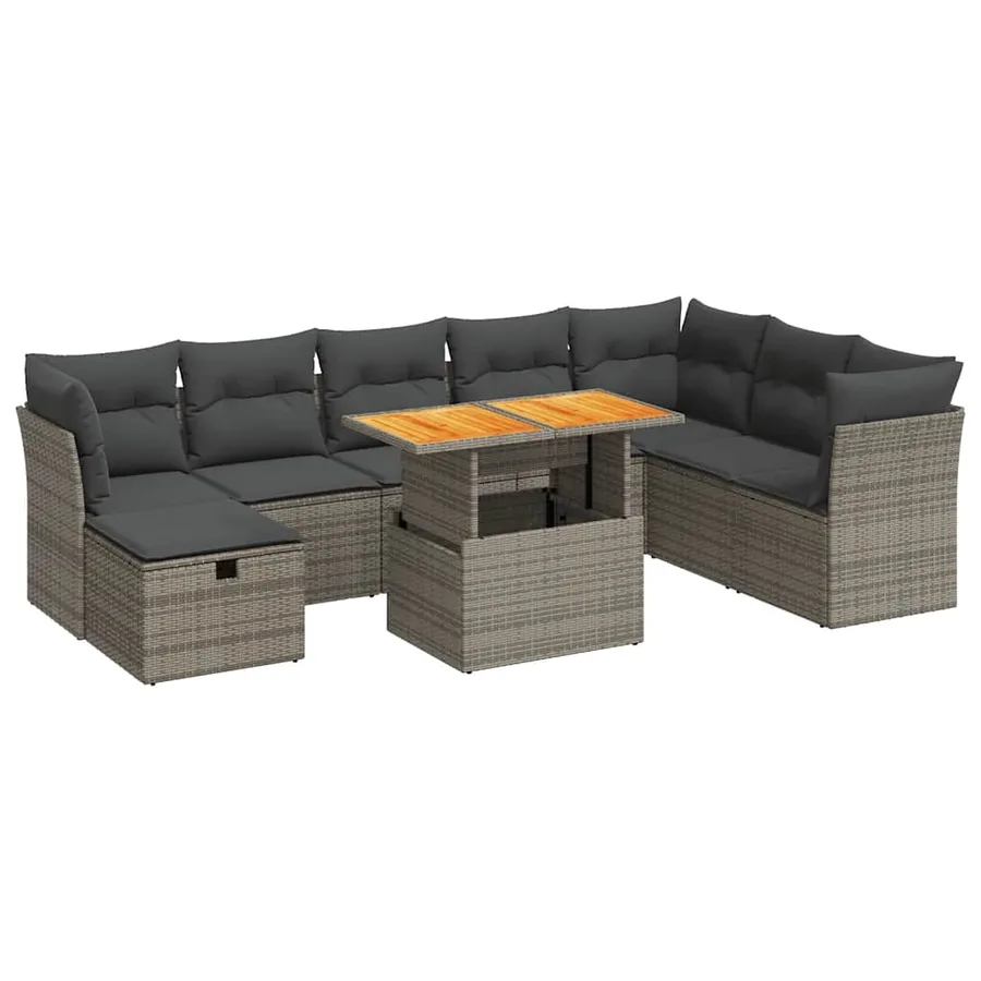 Salon de jardin avec coussins 9 pcs gris résine tressée acacia - 2
