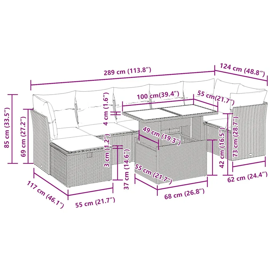 Salon de jardin 8 pcs avec coussins gris résine tressée - 16