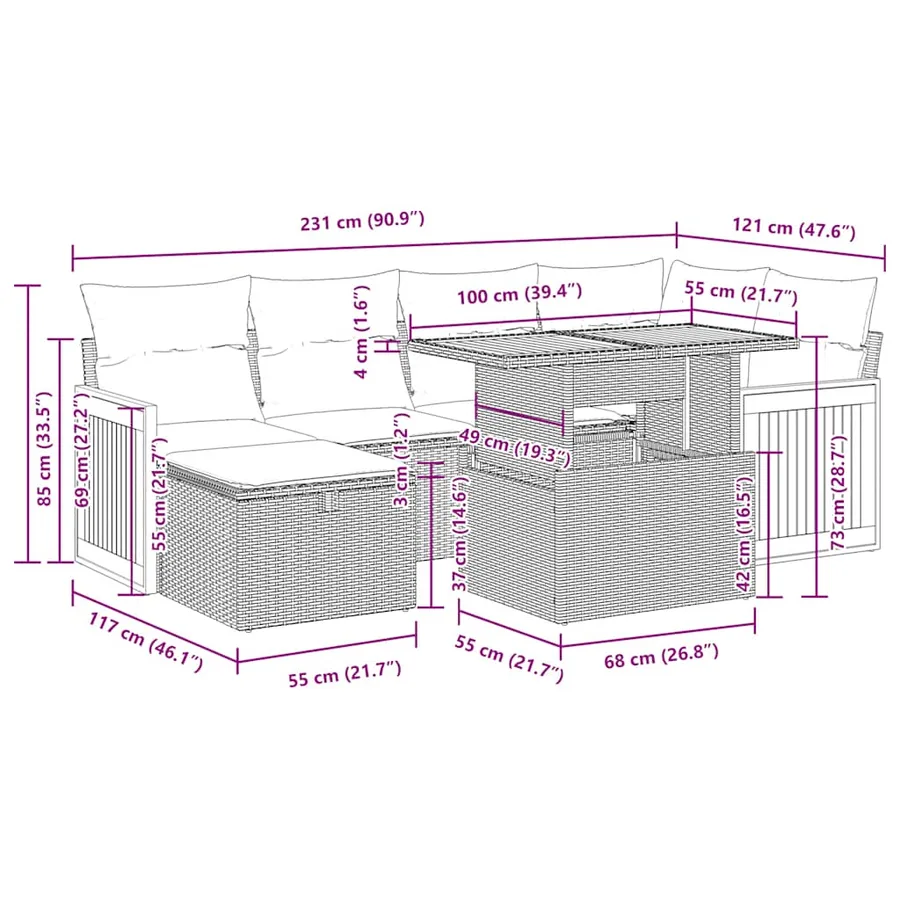 Salon de jardin 8 pcs avec coussins gris résine tressée - 17