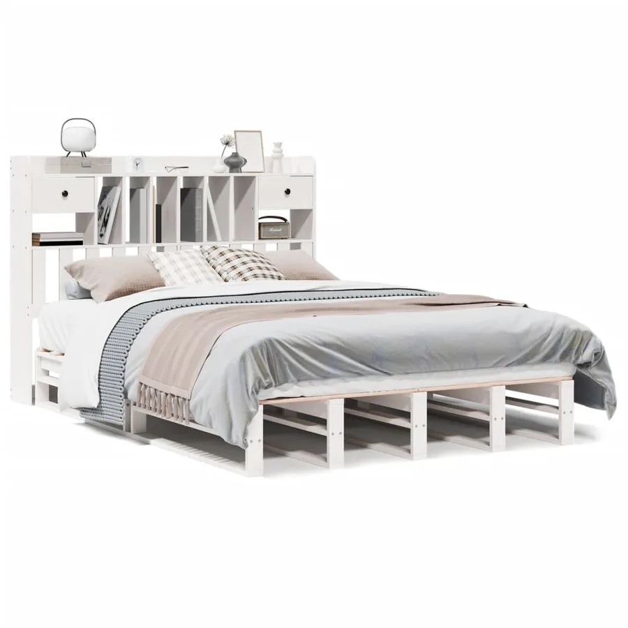 Lit bibliothèque sans matelas blanc 150x200 cm bois pin massif - 2