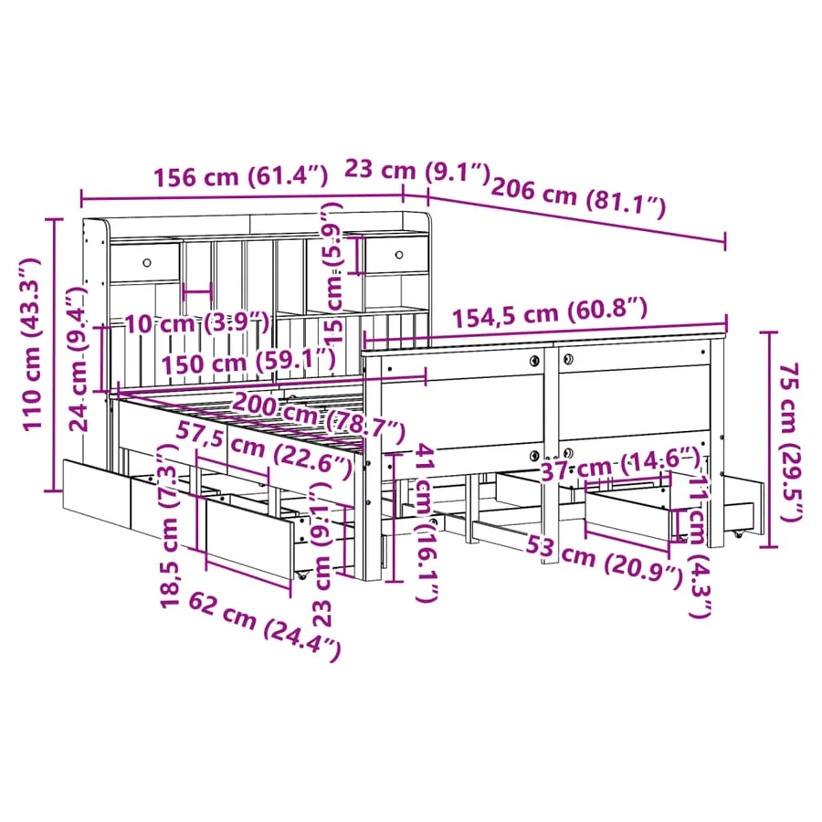 Lit bibliothèque sans matelas blanc 150x200 cm bois pin massif - 15