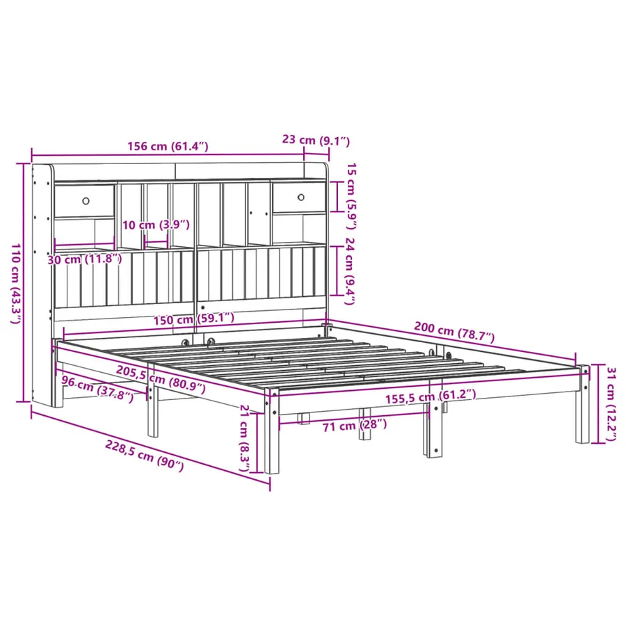 Lit bibliothèque sans matelas blanc 150x200 cm bois pin massif - 11