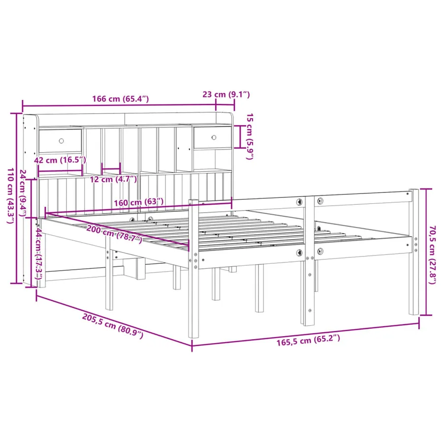 Lit bibliothèque sans matelas blanc 160x200 cm bois pin massif - 11