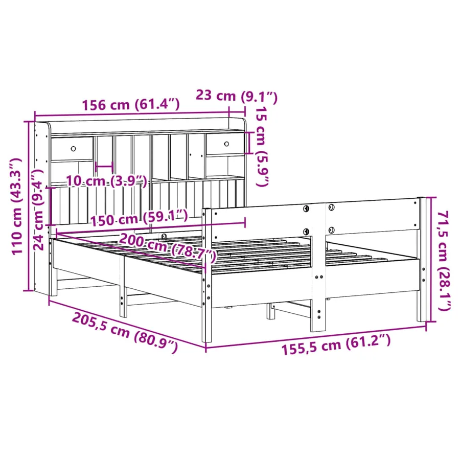 Lit bibliothèque sans matelas blanc 150x200 cm bois pin massif - 11